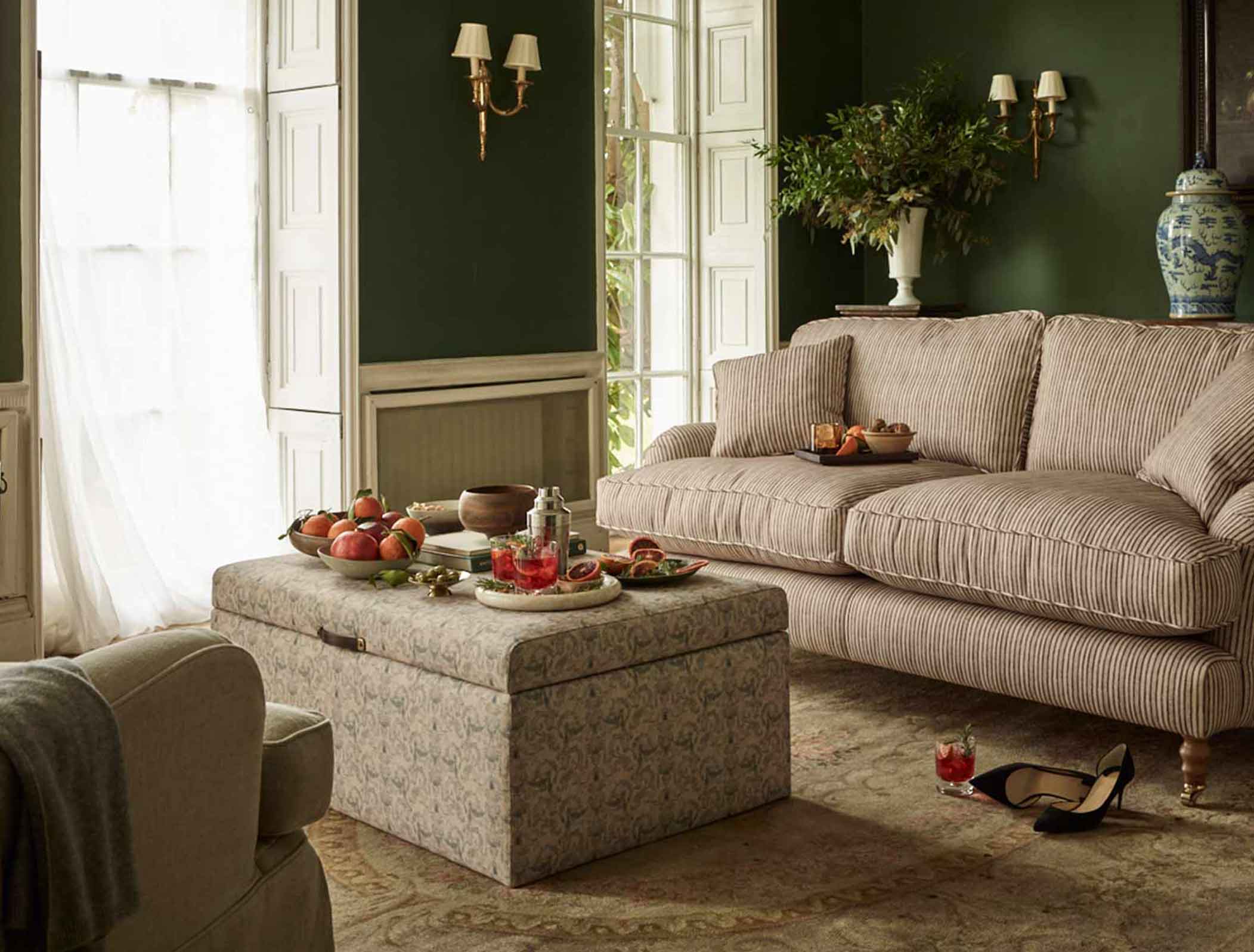 Birdham medium footstool in Spill Resistant Gertrude Jekyll Ornamental Duck Egg and Alwinton 3 seater sofa in Spill Resistant Sussex Stripe Mocha